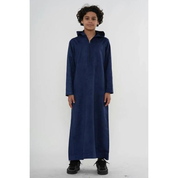 HM12 - Boy's Hooded Suede Emirati Omani Zipped Thobe - Navy - Thobez - 3