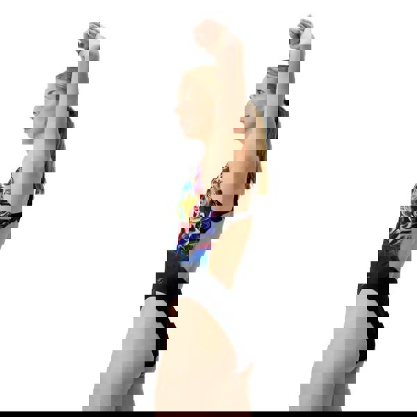 Speedo Club Training Printed Powerback Swimsuit in black with colorful splashes