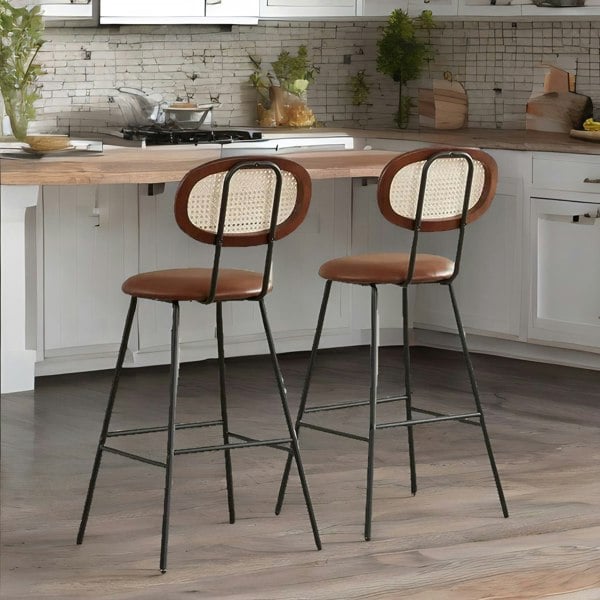 Rafaelo Mobilia Set Of 2 Faux Leather Bar Stools With Rattan Back Whiskey Brown