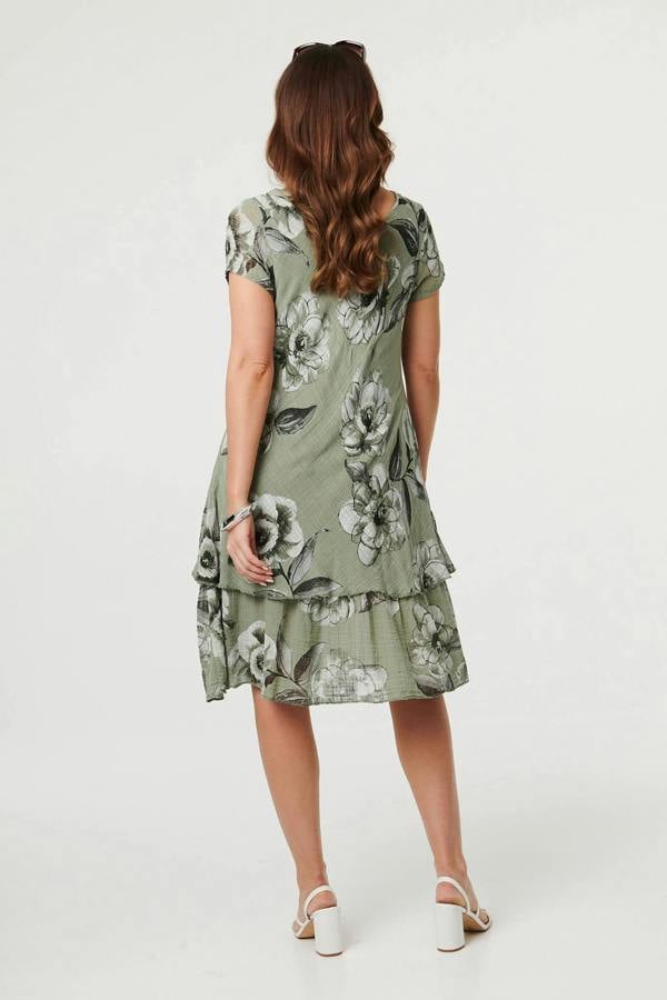 Khaki | Floral Frilled Hem Knee Length Dress