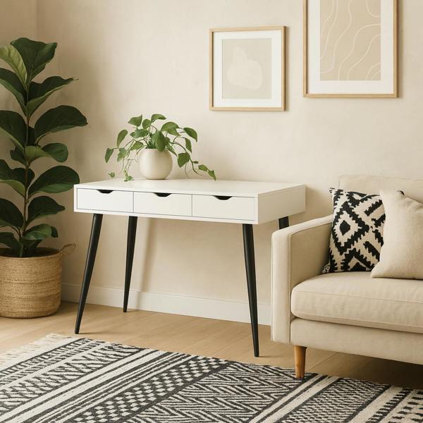 Wyld Haus Dresden White Wooden Office Desk 3 Drawers Black Legs