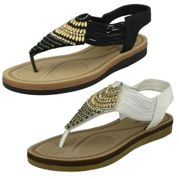 Savannah Ladies Savannah Low Wedge Beaded Toepost Sandals