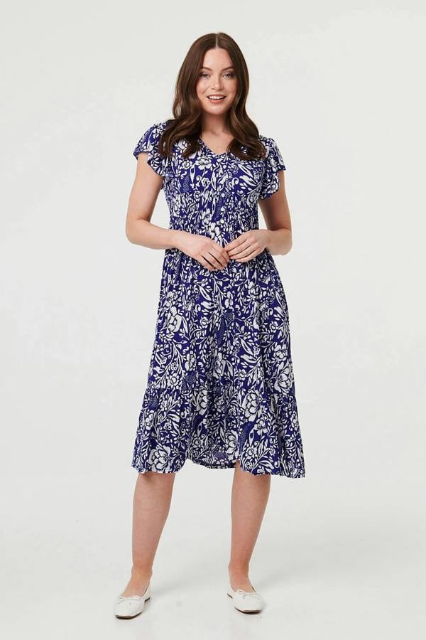 Blue | Floral Cap Sleeve Midi Dress
