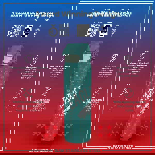 A teal, slim stainless steel water bottle, featuring an eagle design and "Philadelphia Eagles" text, sits against a red and purple gradient background; it displays various design features.