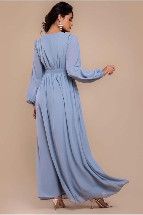 Sustainable Front Split Wrap Style Chiffon Maxi Dress - Airforce Blue DR4314BBS