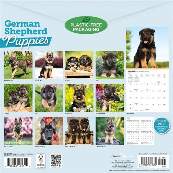 German Shepherd Puppies Calendar 2027, Wall Calendars, Month To View, Dogs, Gift