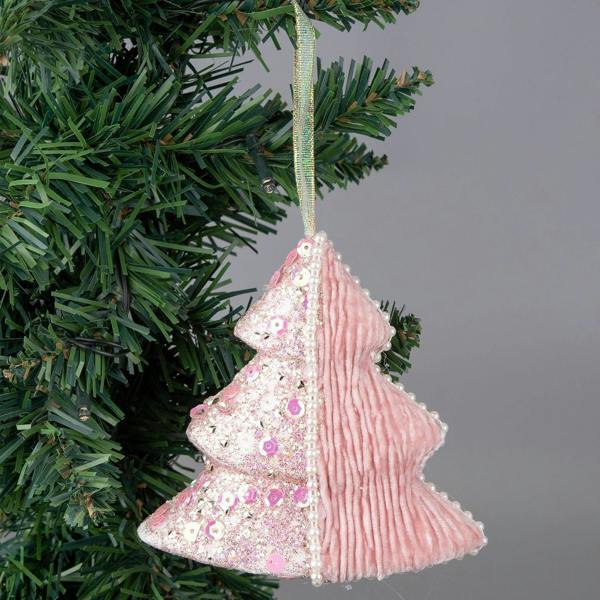 12cm Baby Pink Glitter Tree Hanging Decorations, 3 Piece Set with Pearls and Sequins image 4