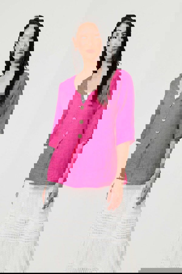 Pink | Button Detail 3/4 Sleeve Relaxed Blouse
