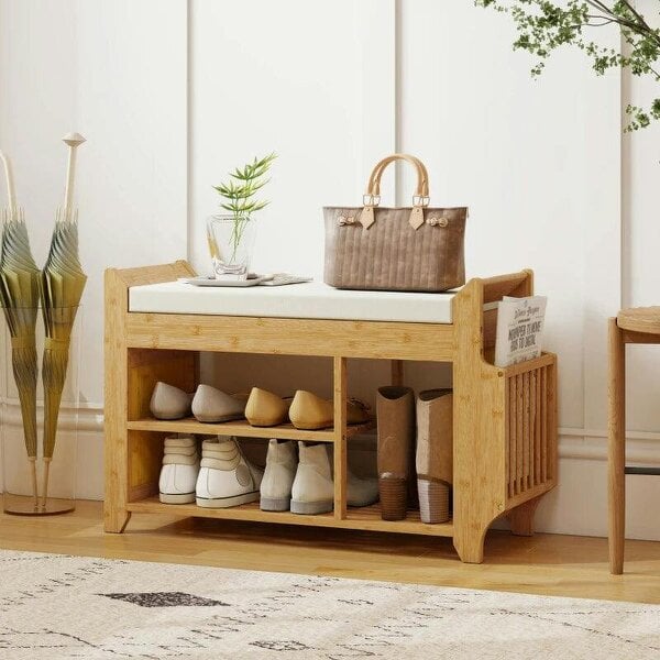 Shoe Bench 2-Tier Boot Section Entryway Storage Bench Cushioned Seat 80 x 30 x 50 cm Natural and Cream - Natural and Cream
