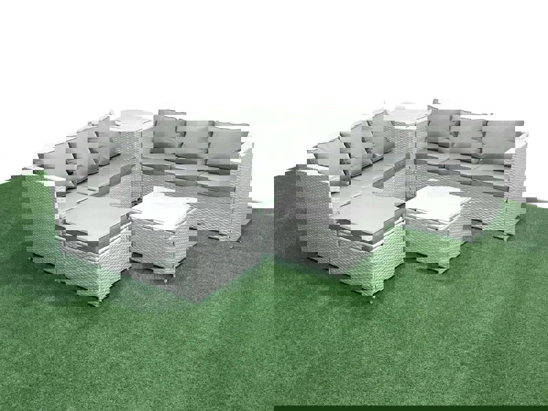 Fimous Rattan Garden Outdoor Furniture Set 7 Seater Rattan Garden Sofa Set with Big Footstool Side Table Light Grey Mixed