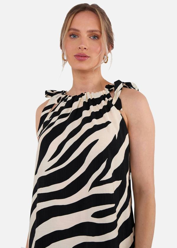 Gini London Mono Zebra Print Tie Shoulder Maxi Dress