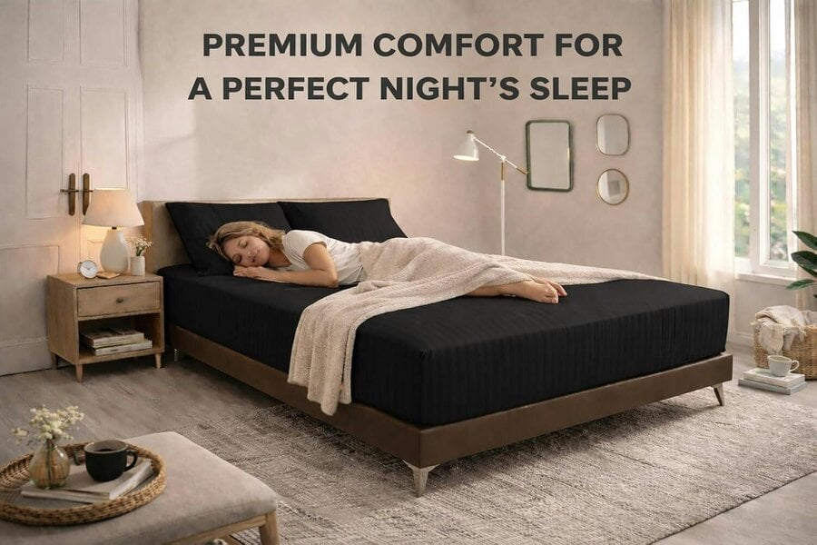 Night Zone Embossed Stripe Extra Deep Fitted Sheet 40cm – Brushed Microfibre Soft Bed Sheet - Black