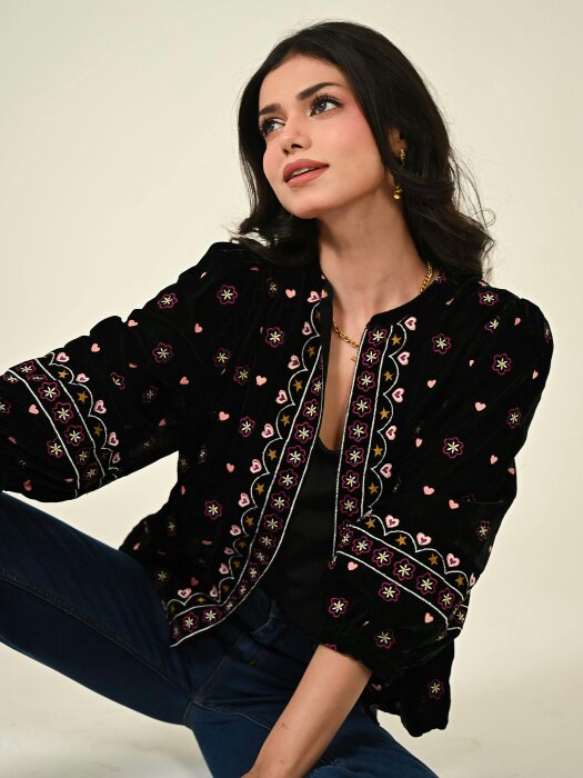 Rose & Nancy Florence Green Emboidered Velvet Jacket