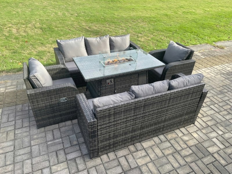 Fimous Rattan Outdoor Garden Furniture Sofa Set Gas Fire Pit Dining Table Gas Heater with 3 Seater Sofa Recling Chair 8 Seater Dark Grey Mixed