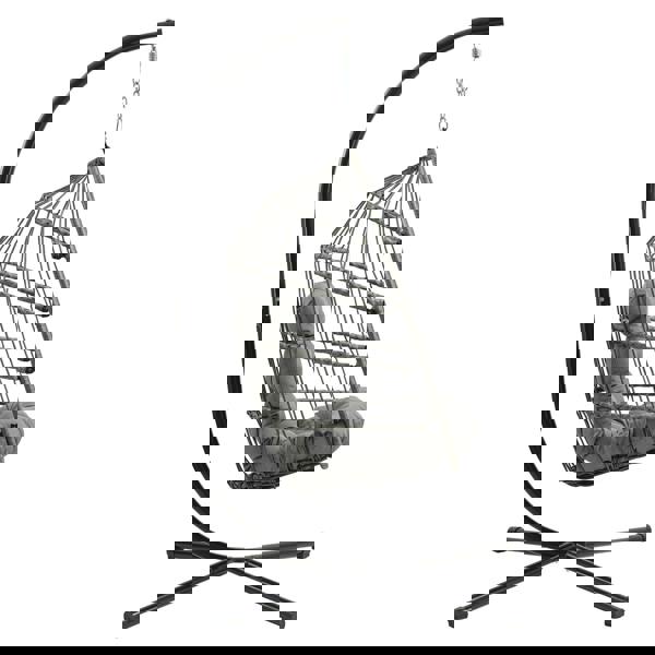 Grey rattan hanging egg chair with plush cushion, suspended from a sleek black metal frame, perfect for outdoor relaxation