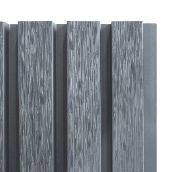 WPC slatted wall cladding panels in grey, featuring a textured wood grain finish and sleek, modern design for outdoor use