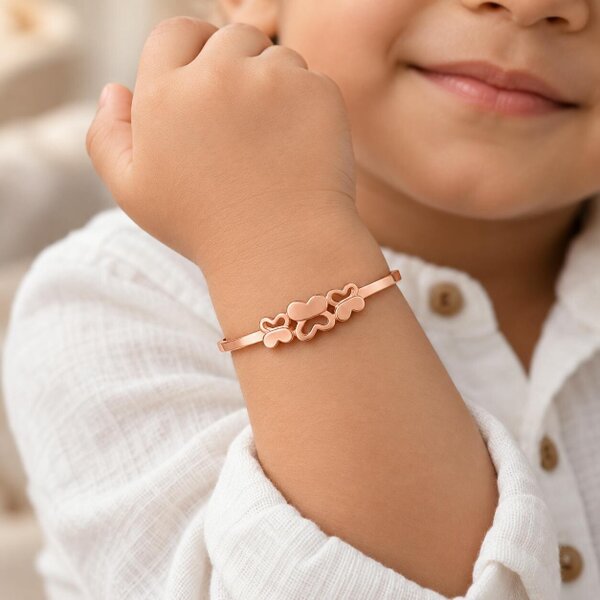 The Colourful Aura Kids Rose Gold Triple Heart Charm Non-Tarnish Bangle Bracelet