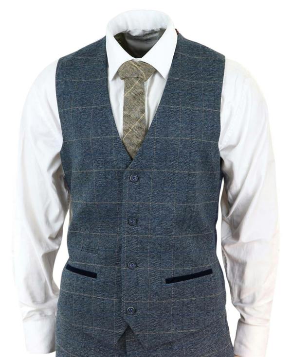 Marc Darcy Mens 3 Piece Blue Tweed Check Vintage Suit