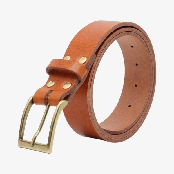 Brandy leather belt with gold buckle on a white background