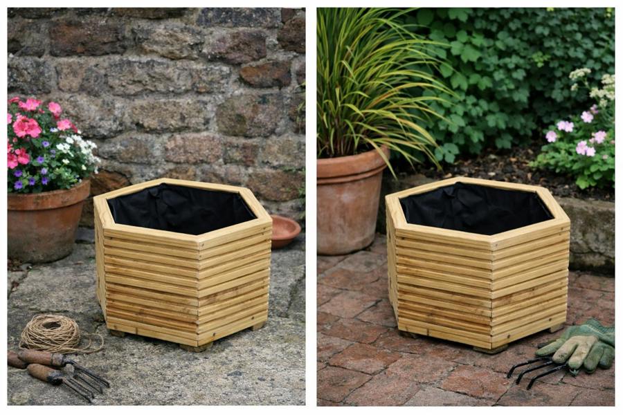 Hexagonal wooden decking planter with flowers in patio garden setting