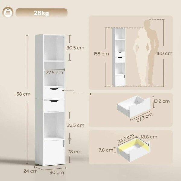 Bookcase with Drawers Adjustable Shelf Bookshelf with 2 Drawers and Cabinet 158 cm White