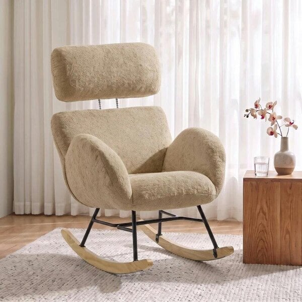 Upholstered Rocking Chair Adjustable Headrest Rocker Chair Raindrop Velvet Rubberwood Base Light Brown