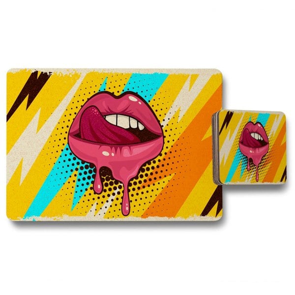 Benjamin Tate Design Pink, red lips, mouth and tongue icon on pop art retro vintage colorful background (Placemat & Coaster Set)