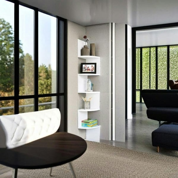 Modcraft White Corner Wall Shelf – 5-Tier Stylish Bookcase with Rounded Edges, 20 x 20 x 126 cm