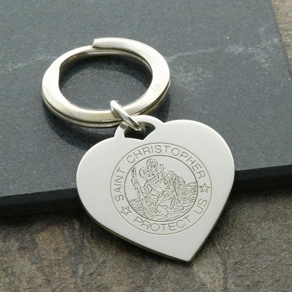 Christopher James of London Sterling Silver Heart St Christopher Keyring With Optional Engraving