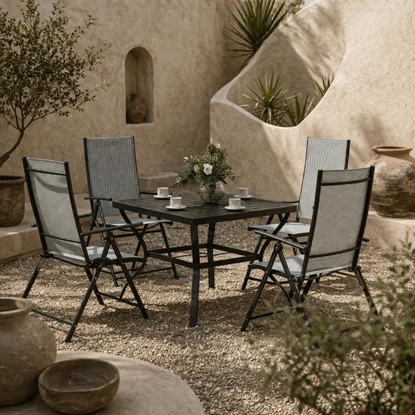 Wyld Haus Mattilo 4 Seater Light Grey Mesh and Black Steel Frame Dining Set