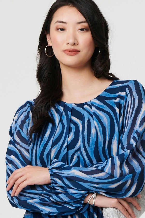 Blue | Animal Print Layered Pleated Midi Dress
