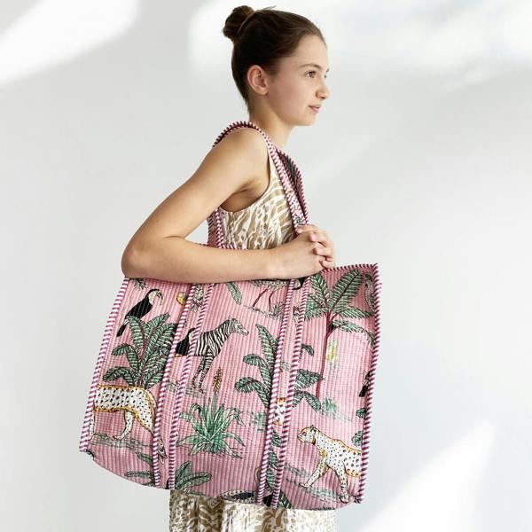 Hayley & Co Jungle Print Large Quilted Cotton Tote Shoulder Bag in Pink