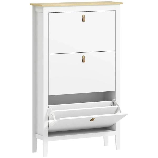 White three-drawer shoe cabinet with open drawer and two front compartments