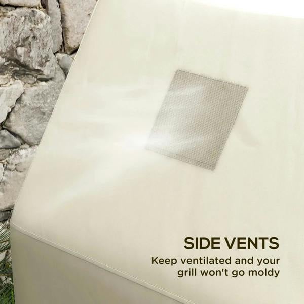 Beige grill cover with side vent window panel for airflow