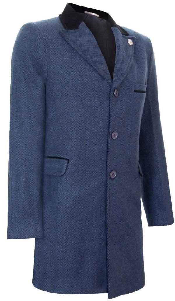 TruClothing Mens 3/4 Long Navy Overcoat Jacket Herringbone Tweed Coat Peaky Blinder