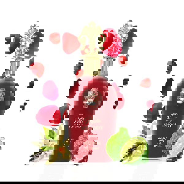 Red perfume bottle labeled 'Mystic Melody' by Adyan with floral and fruit elements on a white background