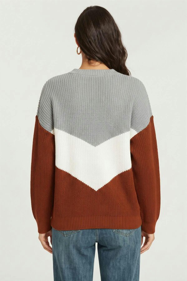 FS Collection Colour Block Chevron Crew Neck Knitted Jumper