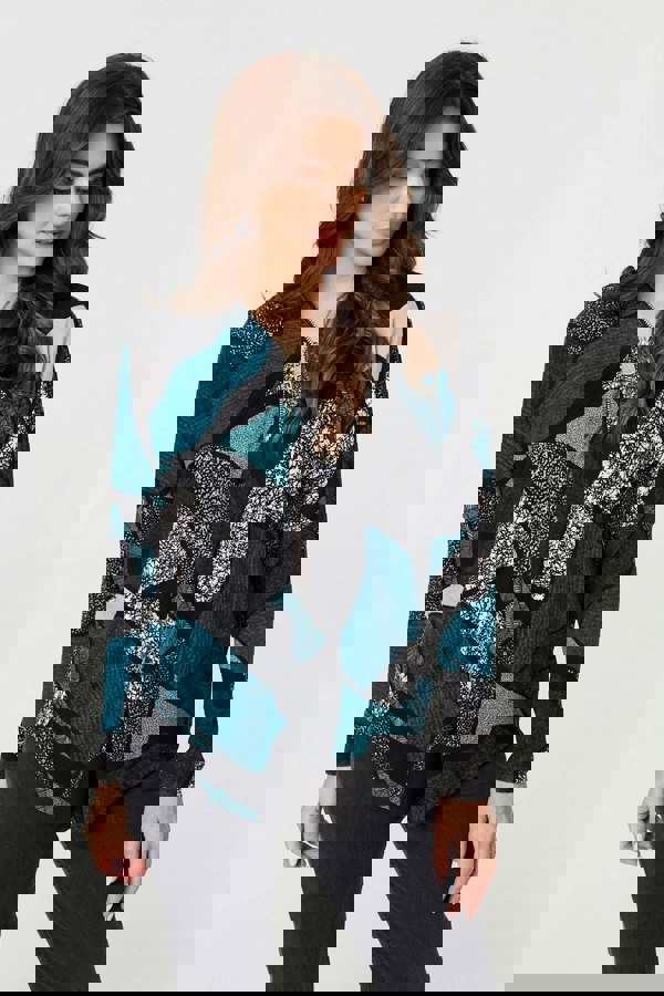 Teal | Abstract Print Zip-Front Long Sleeve Top
