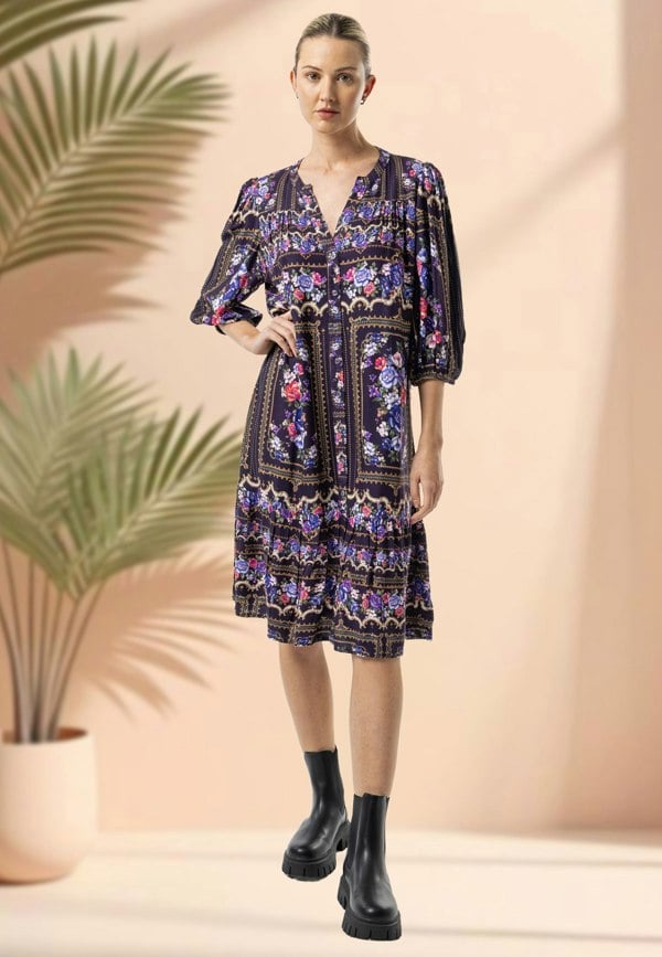 ANGELEYE Deluxe Luxurious Viscose Twill Purple Midi Notch Neck Dress in Premium Floral Print