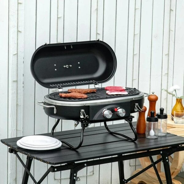 Bobobiy Foldable Gas BBQ Grill 2 Burner Table Top Barbecue with Lid Piezo Ignition Thermometer for Camping Picnic Cooking, Aluminium Alloy