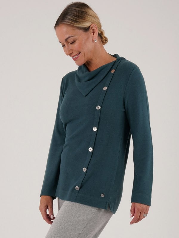 PennyPlain Button Split Cowl Neck Top - Peacock