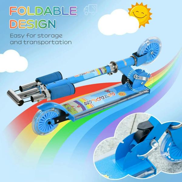 Blue foldable kids scooter with light-up wheels and thick foam handlebar grips.