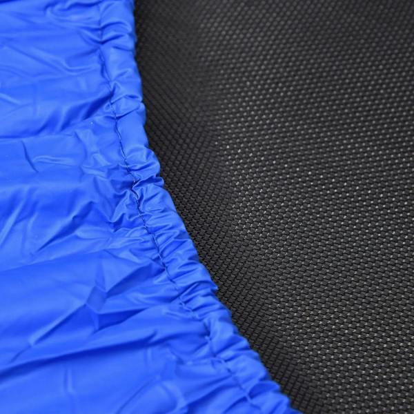 Blue safety-pad edge detail with textured black surface on a mini trampoline