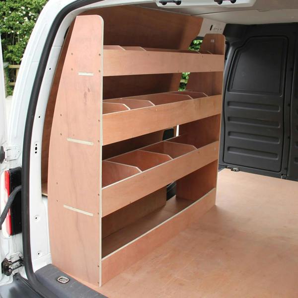 Monster Racking Caddy Transporter Van Rack features a sturdy wooden design with multiple shelves for organized storage in vans
