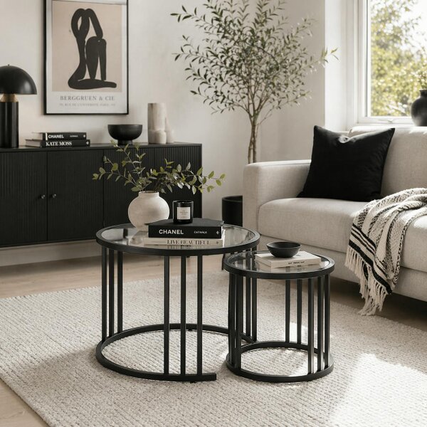 Wyld Haus Kane Set of 2 Metal And Glass Black Round Nesting Tables With Steel Frame