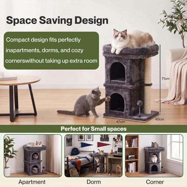 Skylos Cat Tree with Scratching Sisal Post Large Top Perch 2 Condos Dark Grey