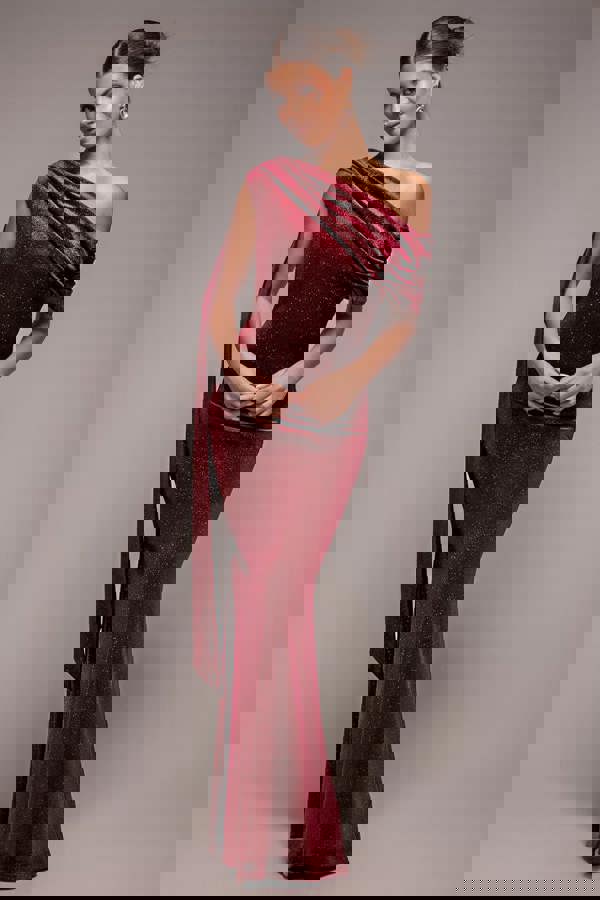 Glitter Velvet Sash One Shoulder Bardot Maxi Dress - Wine DR5017