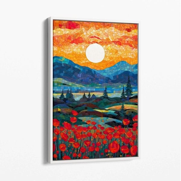 Sunrise Mountains and Poppy Fields Mosaic Abstract Style Painting Canvas Print with White Float Frame | Artze Wall Art UK