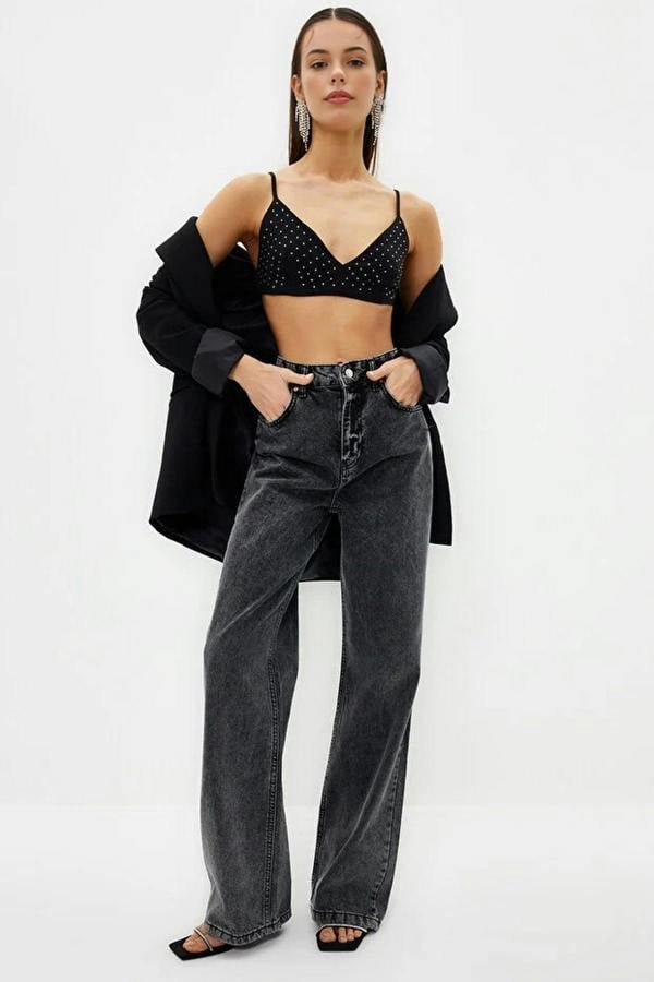 WOVCOR Crop Shiny Stone Embellished Woven Bustier