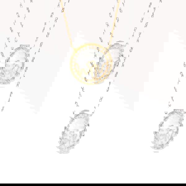 Bloomtine-set-of-necklaces-with-round-pendants. A professional-product-arrangement of multiple-necklaces featuring-circular-heart-medallion-charms on a crisp-white-background. This-collection includes-both-18kt-gold-vermeil and 925-sterling-silver-options, showcasing minimalist-round-pendants on fine-adjustable-chains. Ideal-for-jewellery-layering, these-versatile-necklaces are designed-for-gifting and highlight the-polished-finish and botanical-engravings of the-Bloomtine-Loves-Frequency-signature-collecti